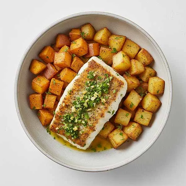 Gremolata Fish with Lemon Butter Sauce served Dual Potatoes